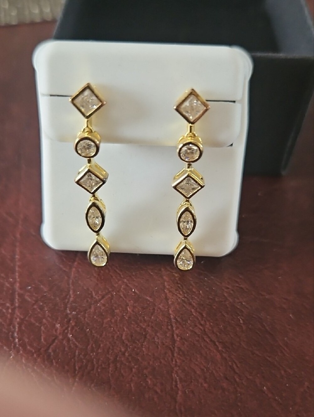 Gold Drop Moissanite Linear Earrings - Picture 3 of 6